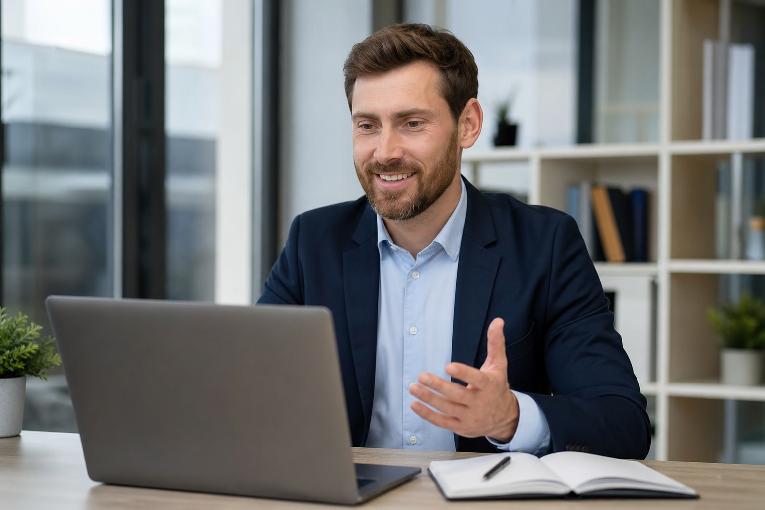 Professional video call on a laptop in an office