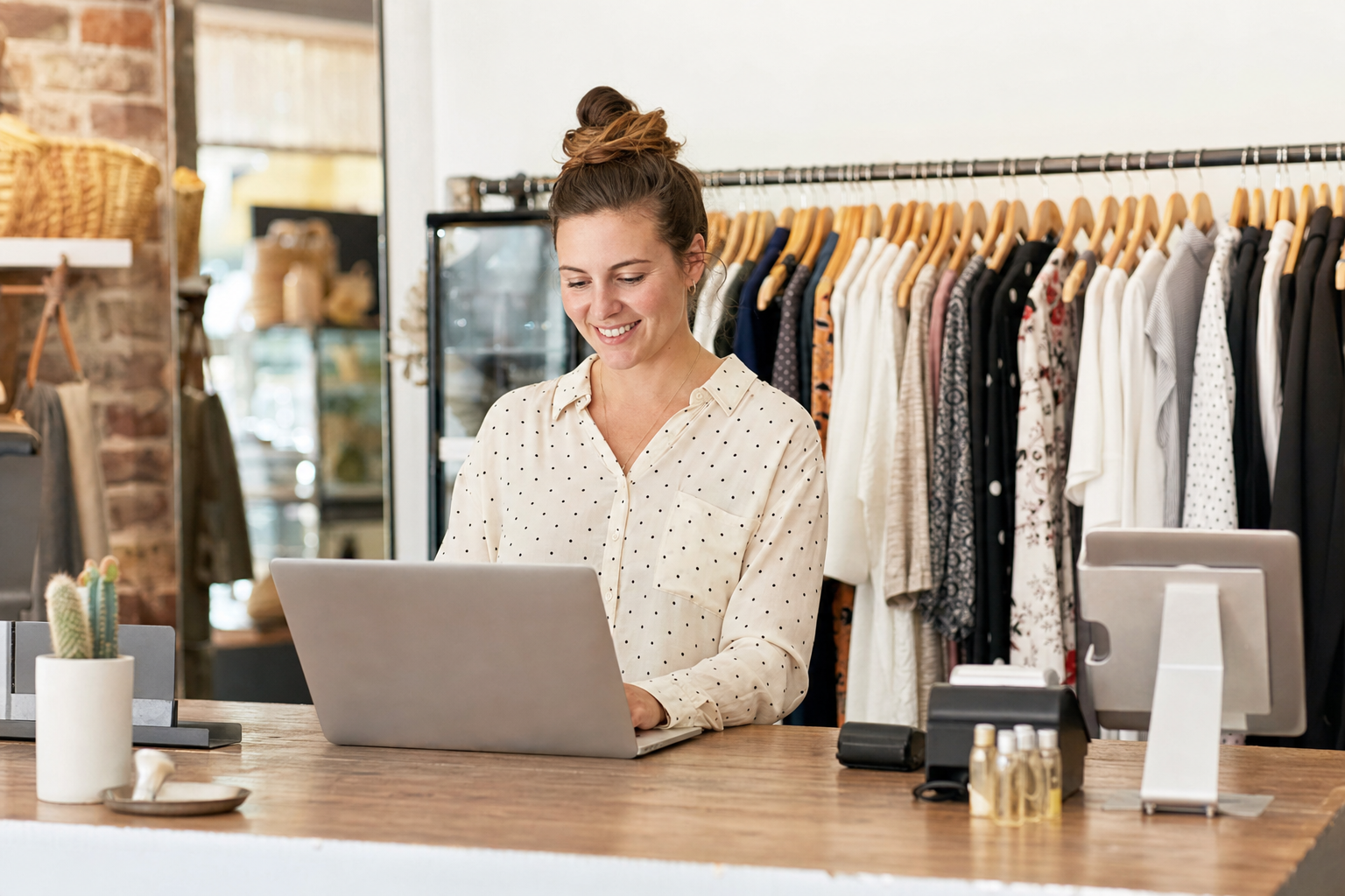Clothing shop owner smiling while using a laptop at the store counter