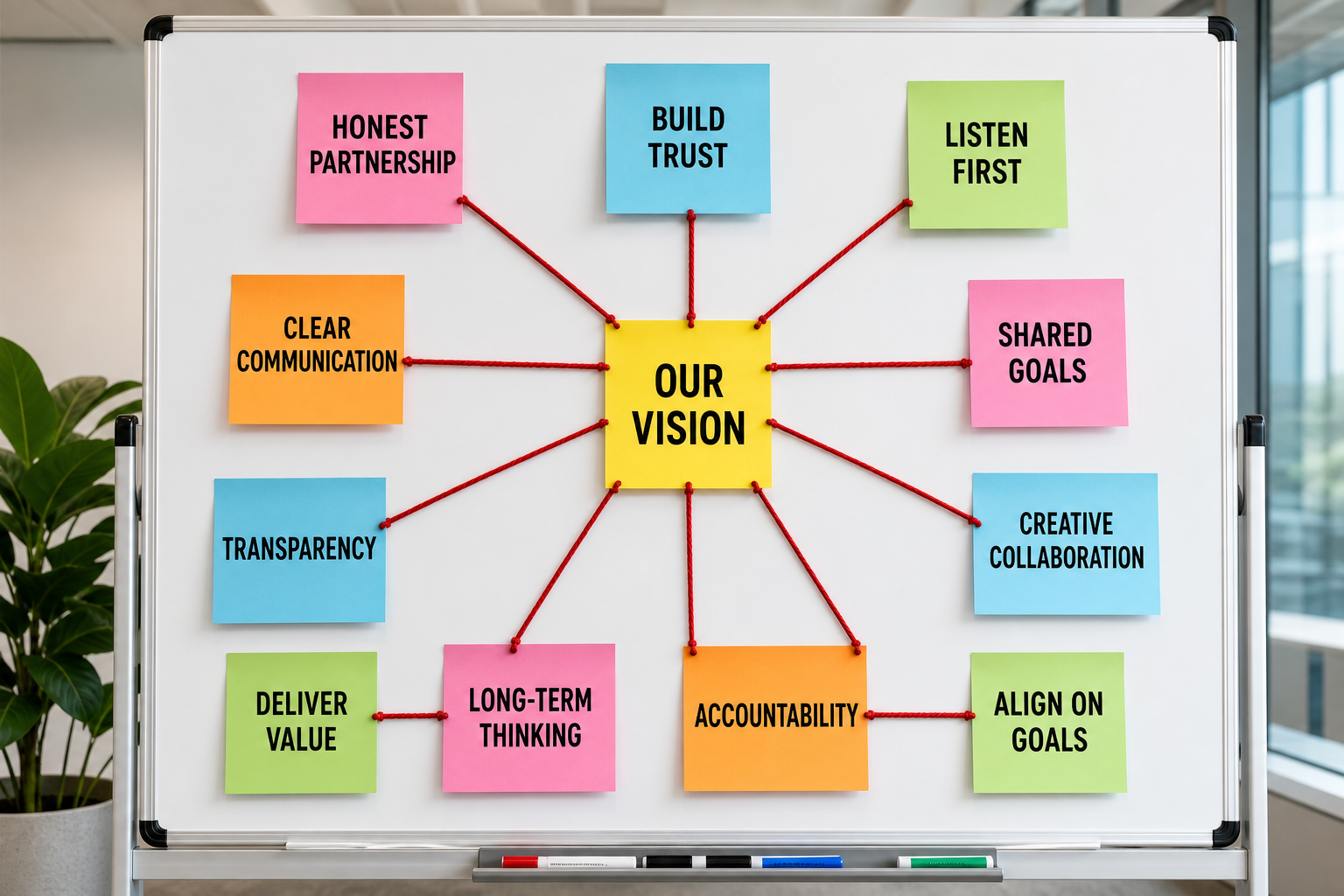 Strategy whiteboard with large readable notes about partnership, trust, and collaboration