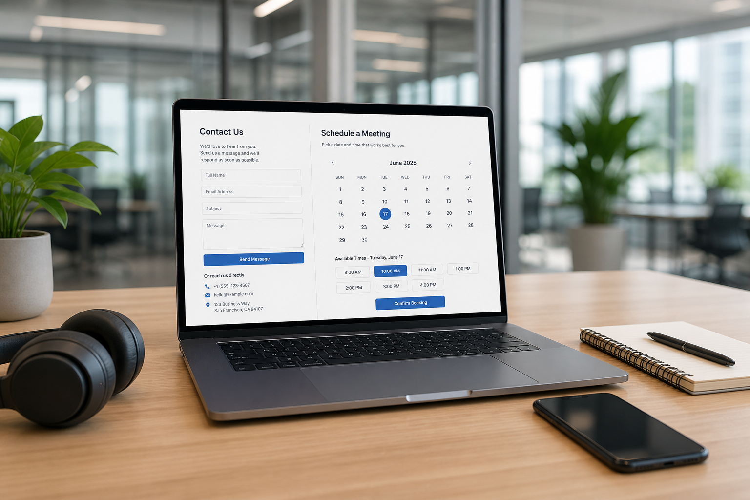 Laptop showing a booking page with headset and notepad on a desk