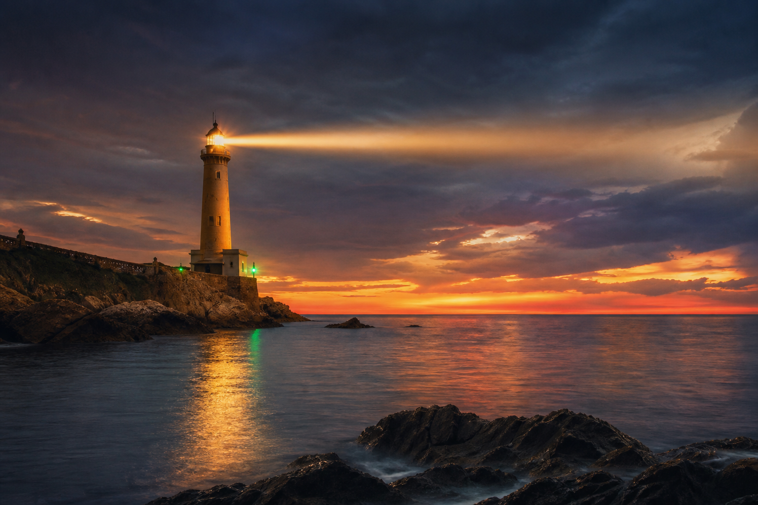 Lighthouse beam at dusk symbolizing guidance after go-live