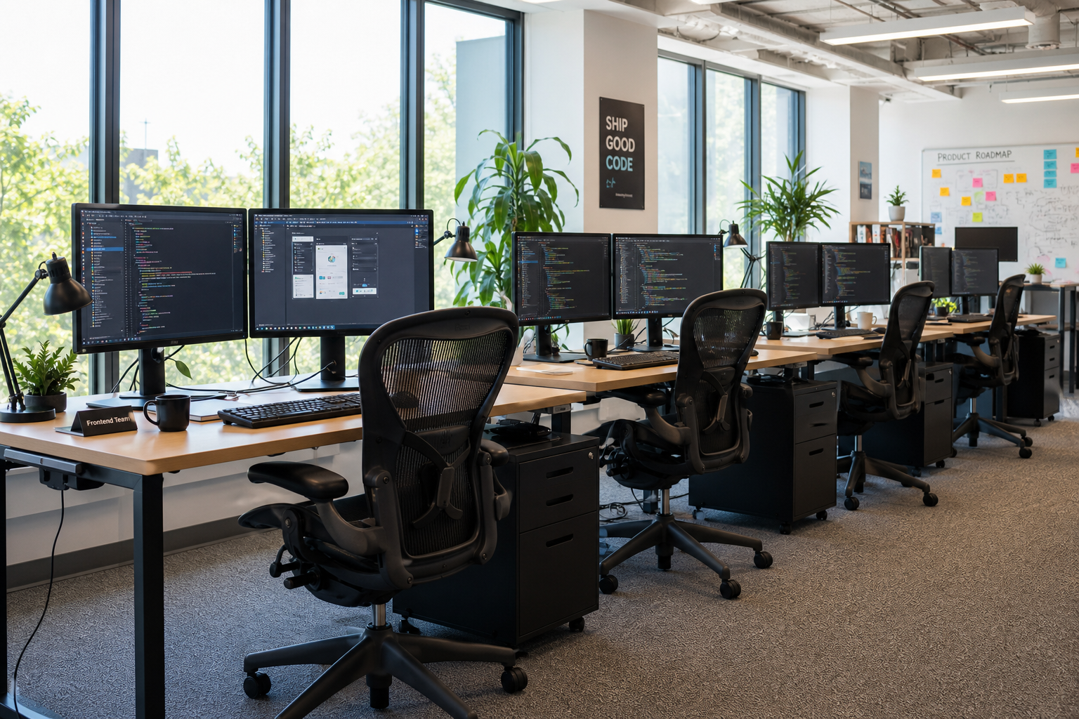 Open-plan office with multiple developer workstations and monitors