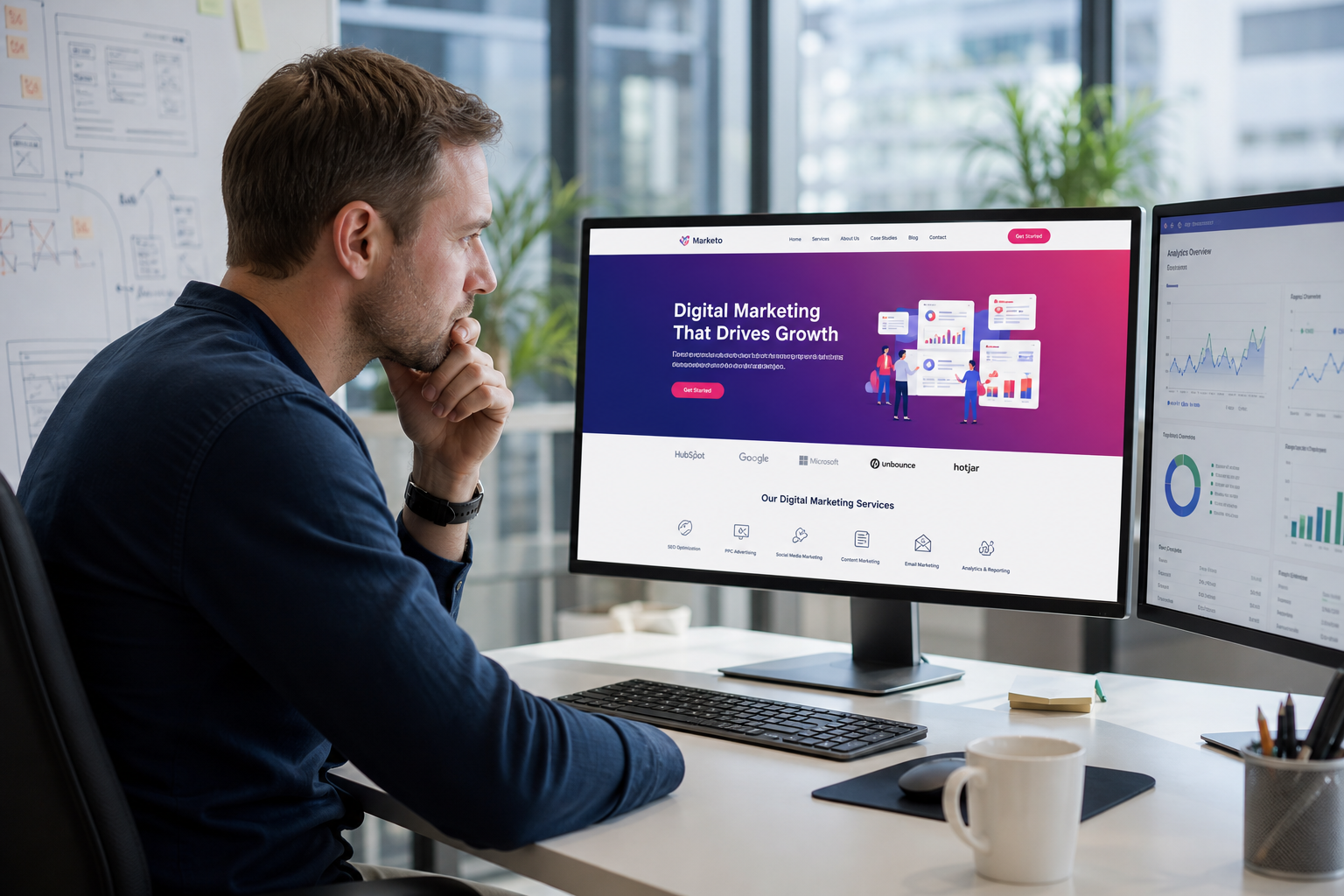 Professional reviewing a marketing website design on a large monitor